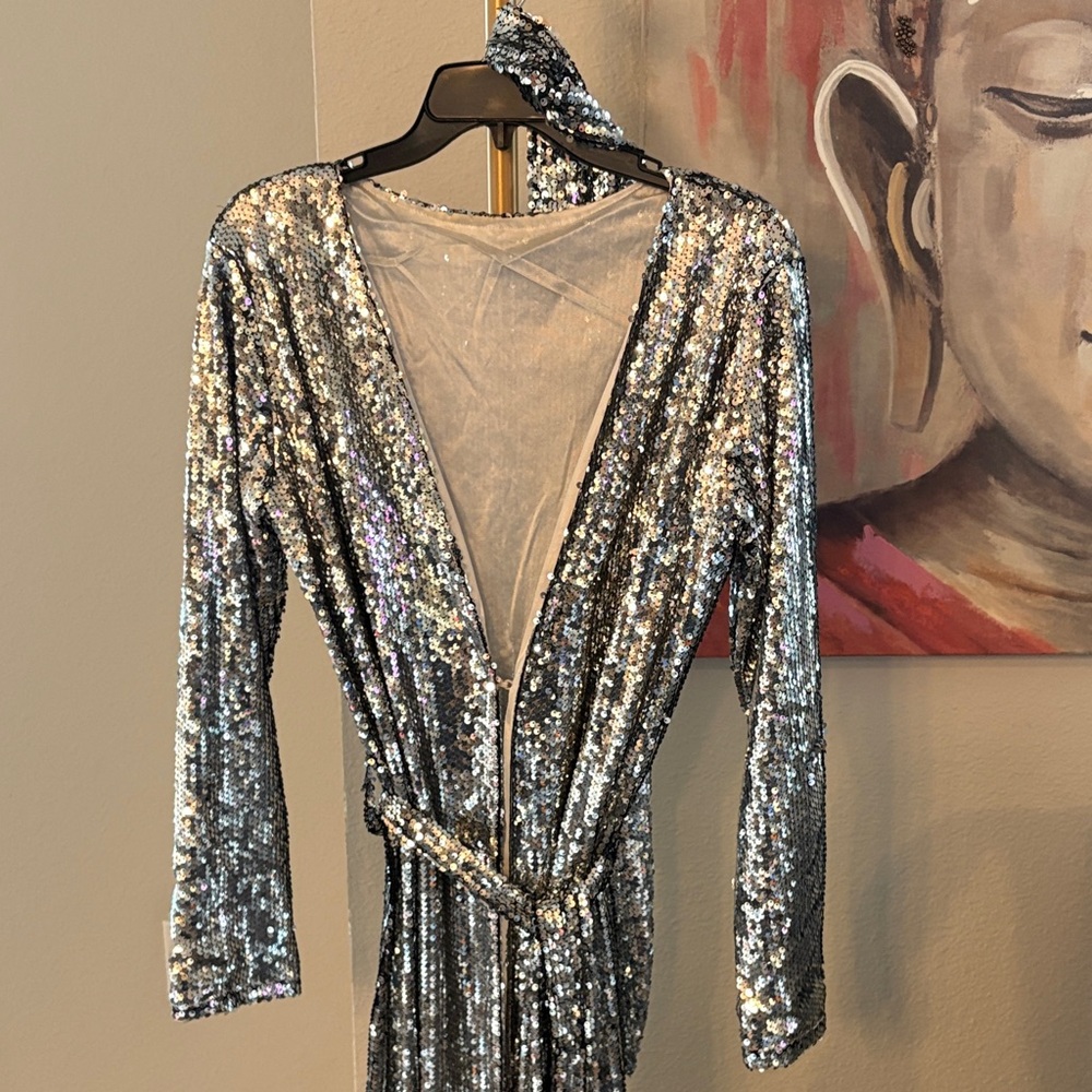Silver Sequin Long Sleeve Wrap Maxi Dress - Picture 3 of 5